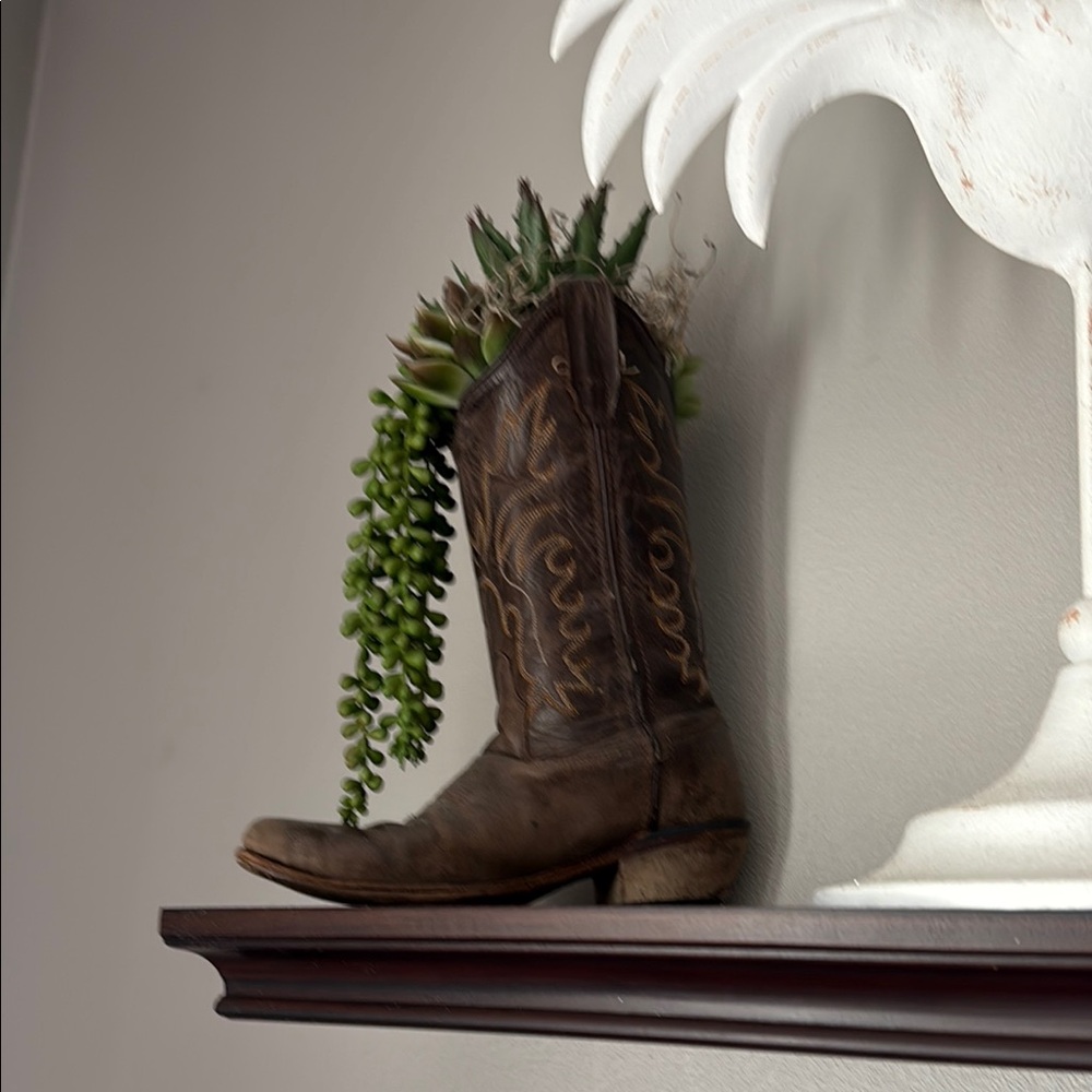 Rustic Authentic Brown Boot Planter with Green Succulents; Homemade by me! - Picture 4 of 6